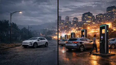 An EV charging lot with multiple cars and contrasting moods