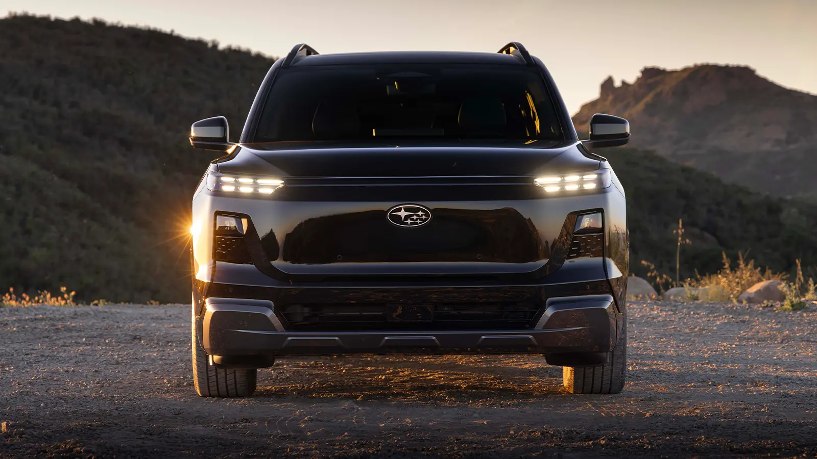A black 2027 Subaru Getaway front nose view