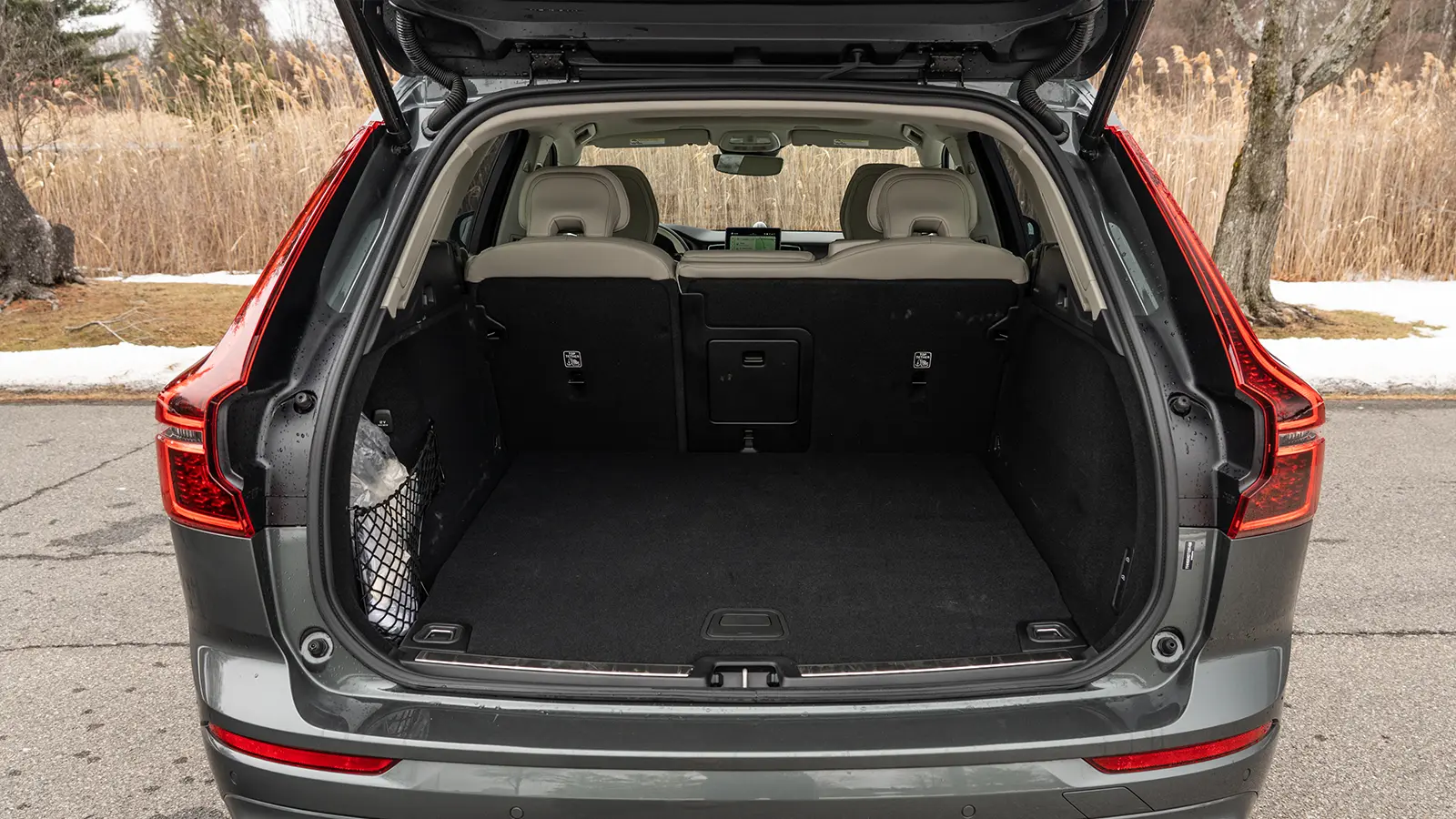 A 2026 Volvo XC60 T8 interior rear trunk lid open