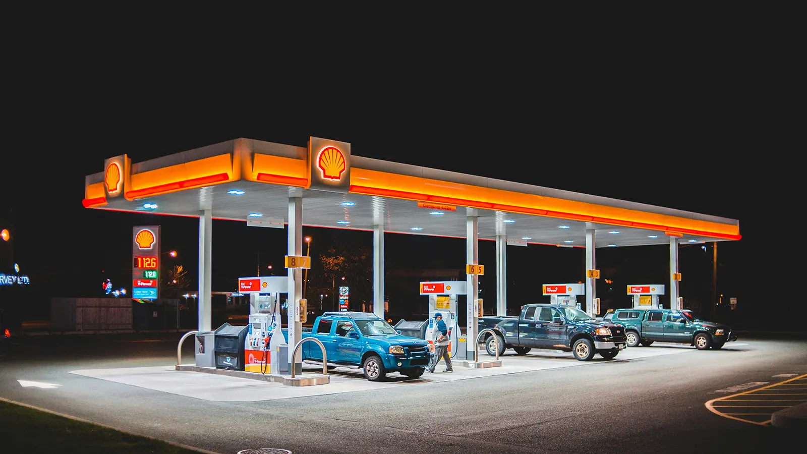 A shell gas station at night