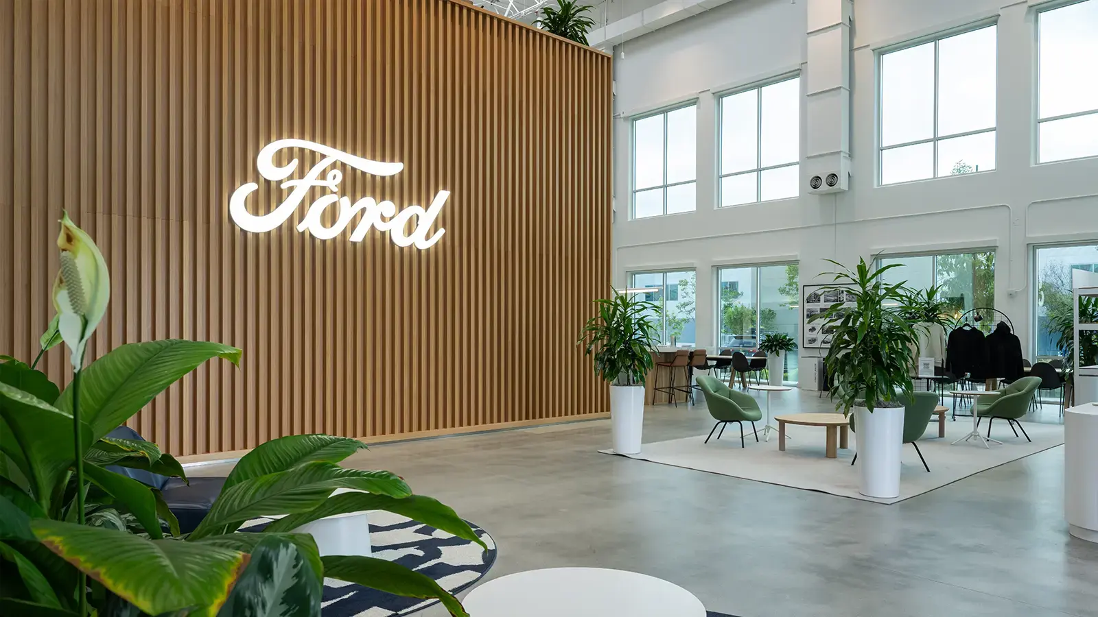 Ford's electric vehicle development center building lobby