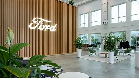Ford's electric vehicle development center building lobby