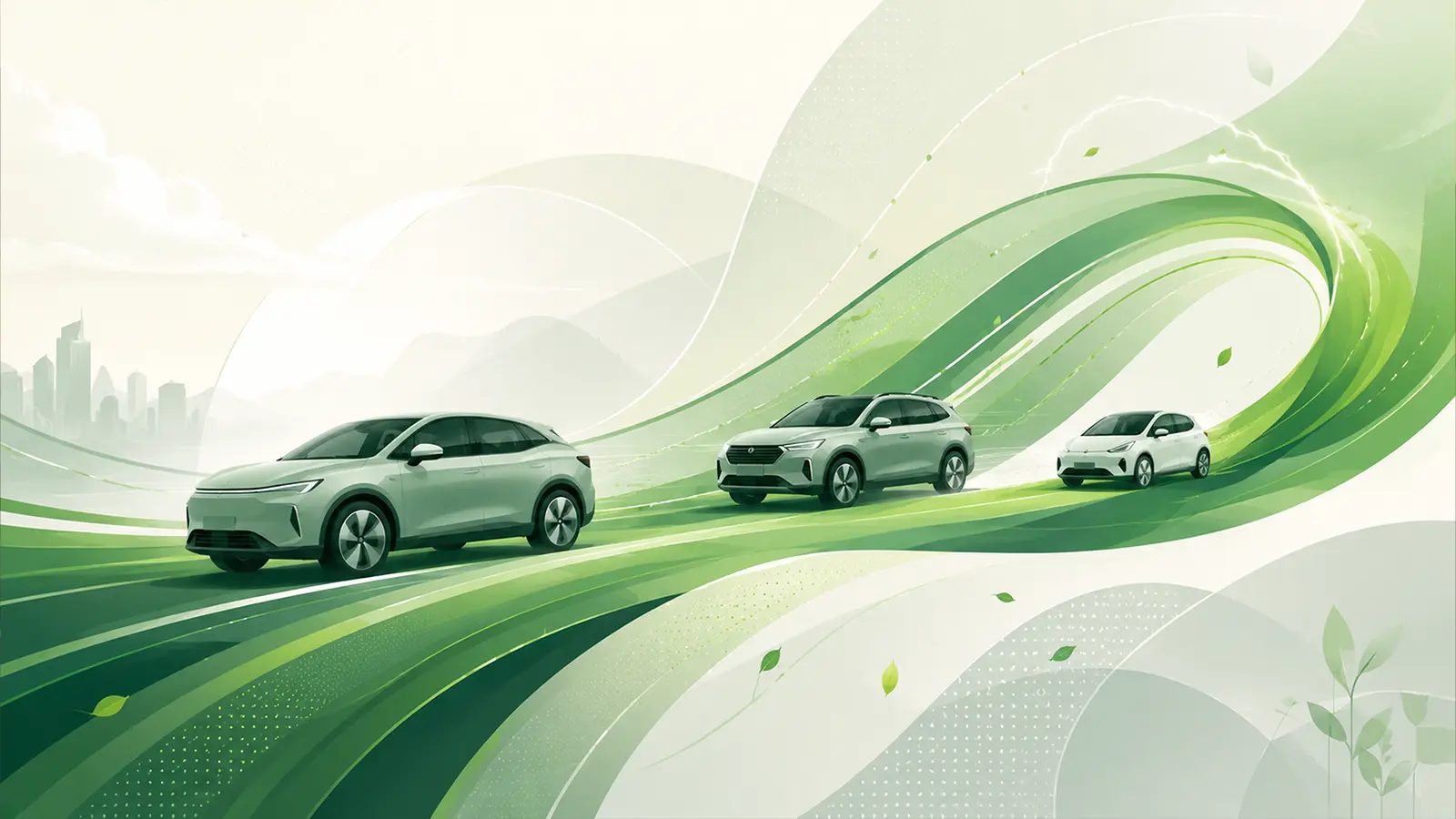 Abstract GreenCars-style illustration of electrified vehicles driving along a flowing green road, symbolizing momentum in the EV and hybrid market.