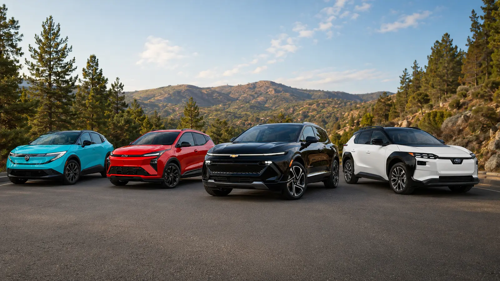 A line up of the Chevrolet Equinox EV, Chevrolet Bolt, Nissan Leaf and a hyundia Ioniq 5