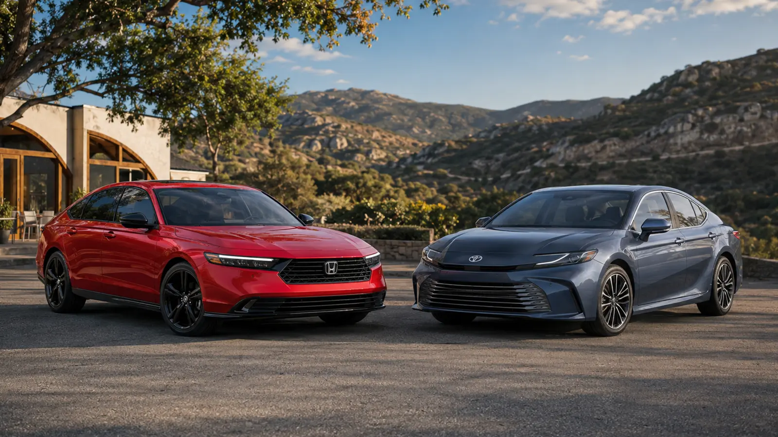A red 2026 Honda Accord Hybrid and gray 2026 Toyota Camry Hybrid parked side by side on a scenic mountain road.