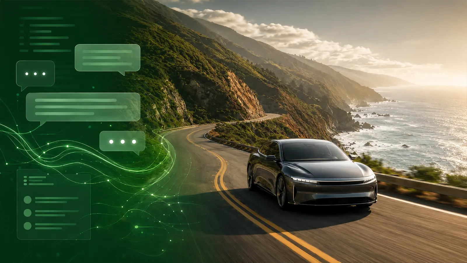 A 2026 Lucid Air driving down the Big Sur highway with AI visuals
