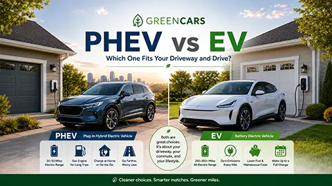 An EV and PHEV standing side by side in a driveway being charged to show comparison