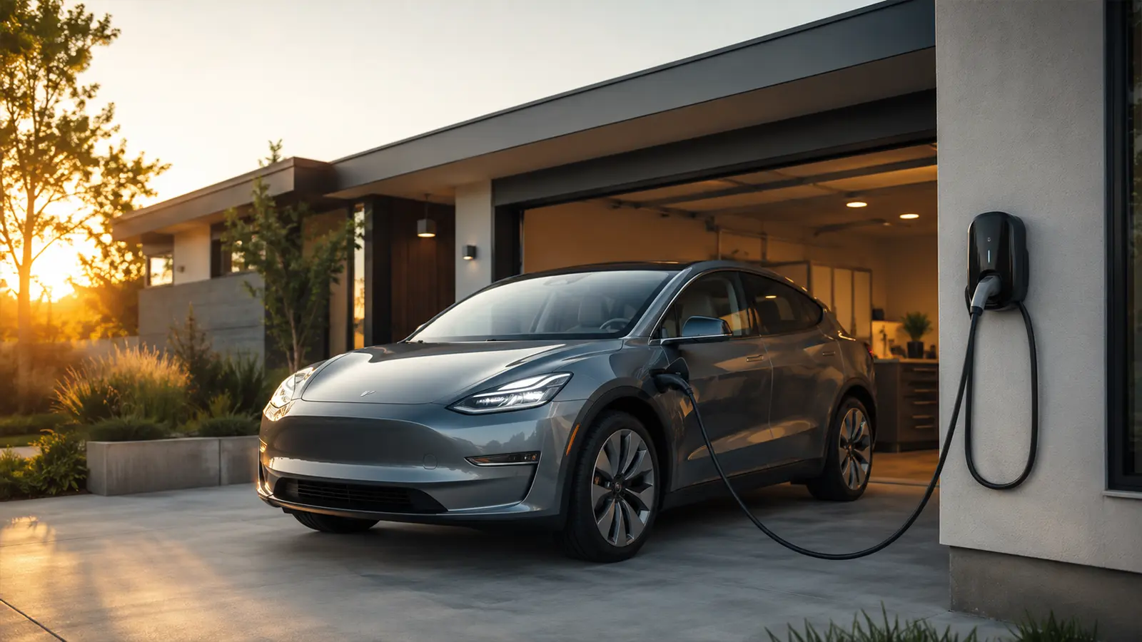 Grey Tesla standing in the home driveway being charged