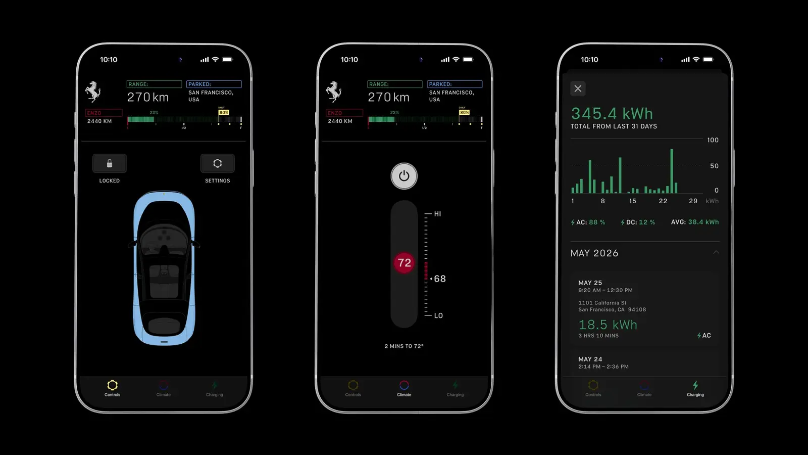 The Ferrari Luce App overview showcasing three different screens