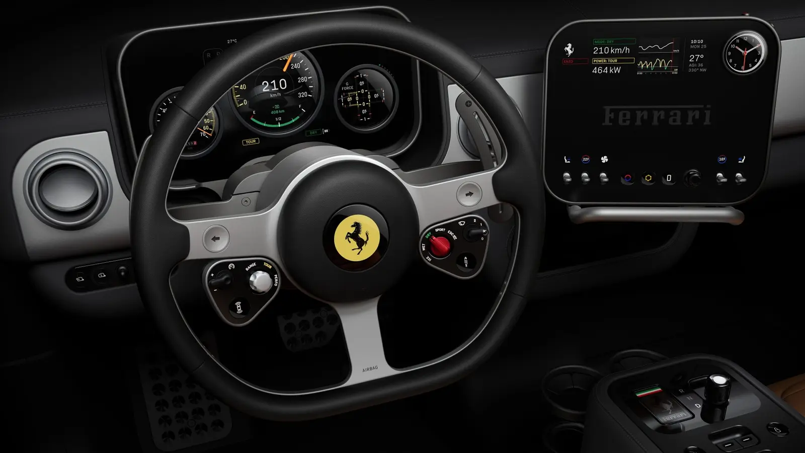 The interior front cockpit view of the Ferrari Luce