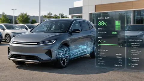 An EV standing in dealership showing a digital board of battery health