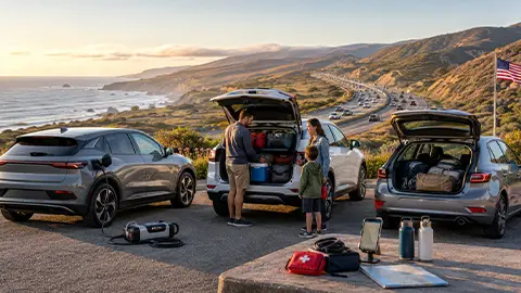 EV parked next to family in a picnic lot