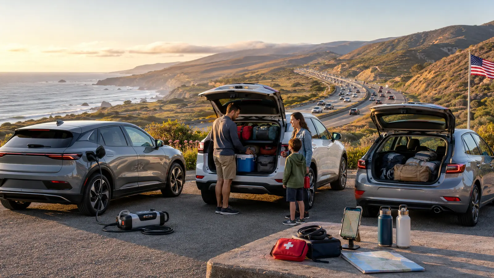 EV parked next to family in a picnic lot