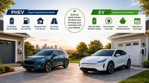An EV and PHEV standing side by side in a driveway being charged to show comparison