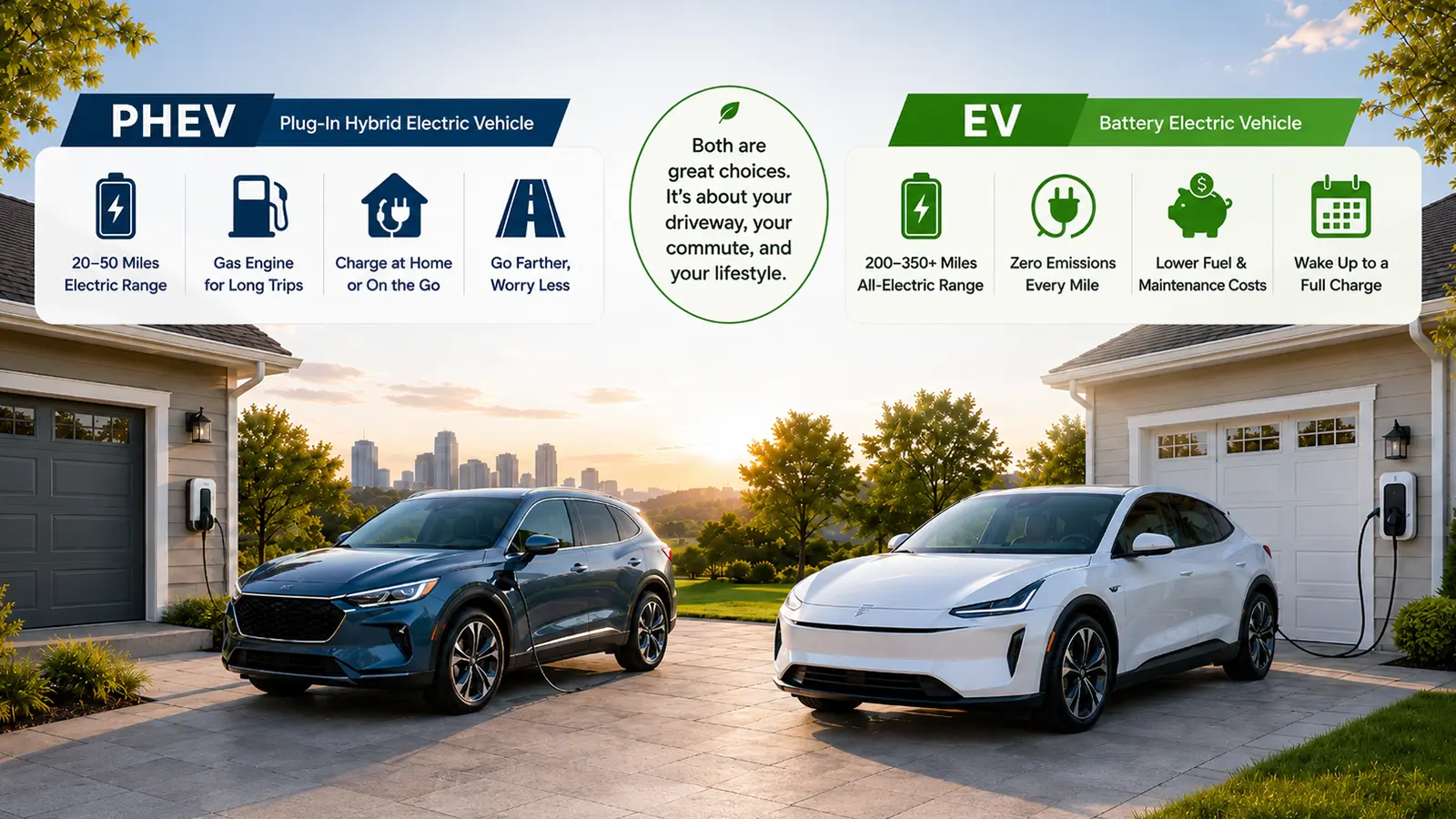 An EV and PHEV standing side by side in a driveway being charged to show comparison