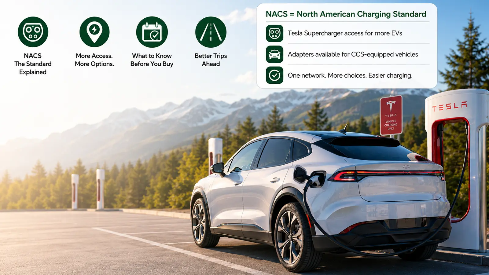 A white Tesla Model Y being charged at a charging station.