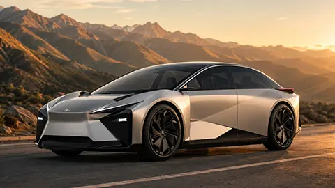 A silver Lexus LF-ZC standing on a highway in a desert