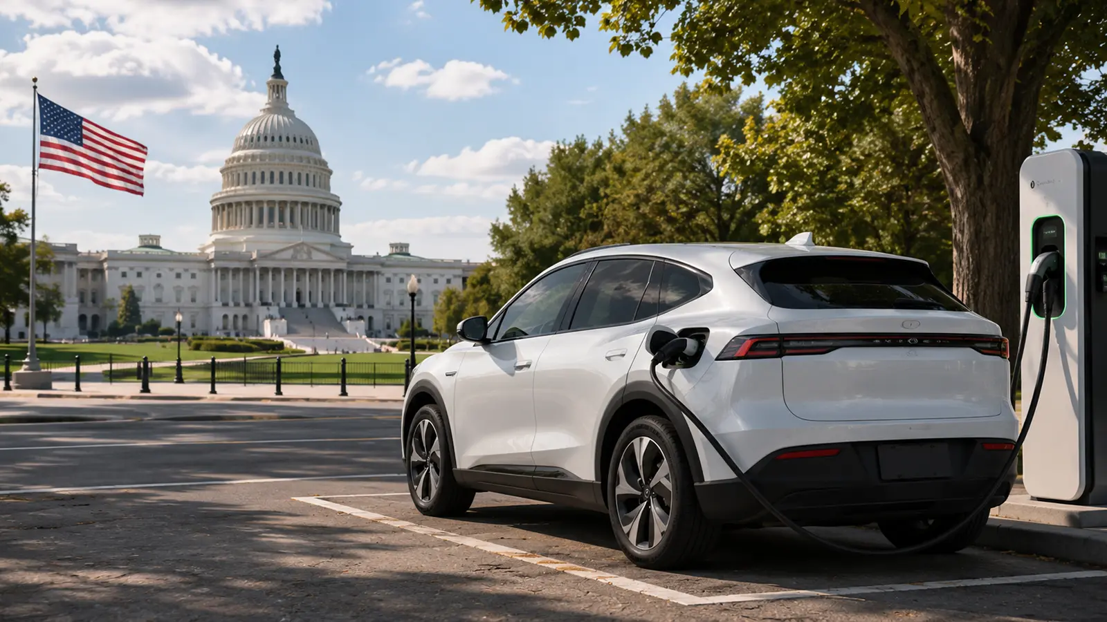 Un vehículo eléctrico cargando fuera de la Casa Blanca
