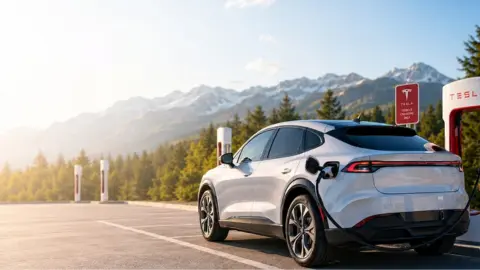 Un Tesla Model Y blanco cargándose en una estación de carga.