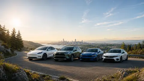Line up of electric vehicles standing on a beautiful highway.