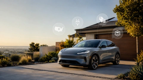 An EV standing in a driveway with icons showing incentive benefits