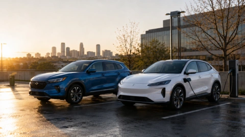 An EV and PHEV standing side by side in a driveway being charged to show comparison