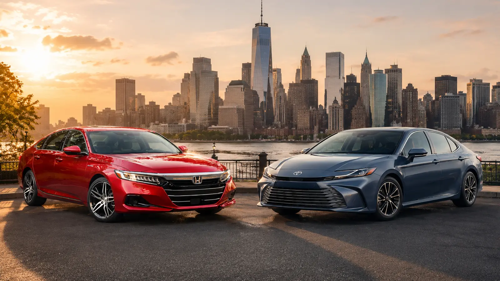 Red Honda Accord Hybrid 2026 and Ocean Gem Toyota Camry Hybrid 2026 standing side by side against NYC cityscape