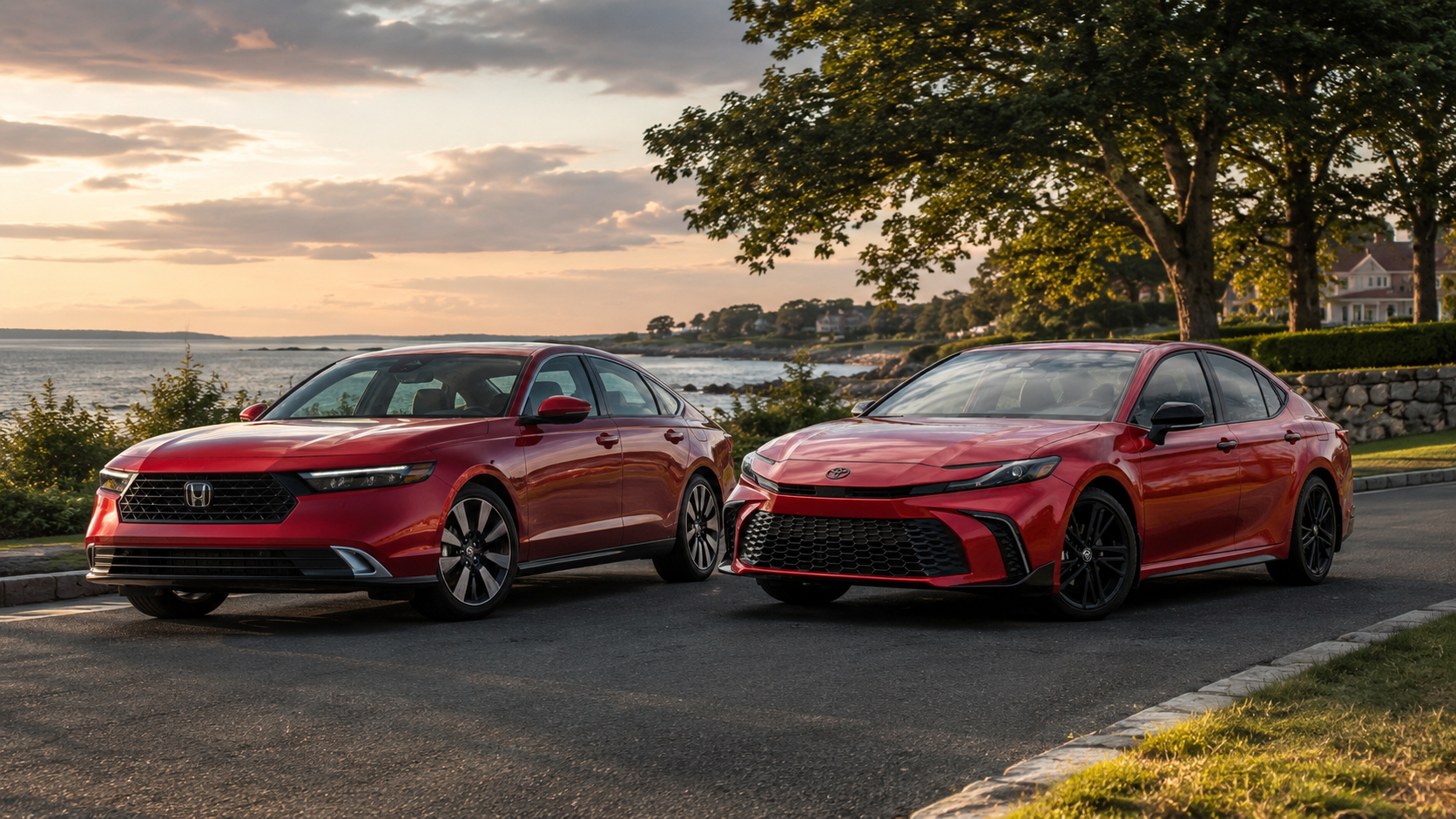 A Red Honda Accord Hybrid 2026 standing next to a Red Toyota Camry Hybrid 2026