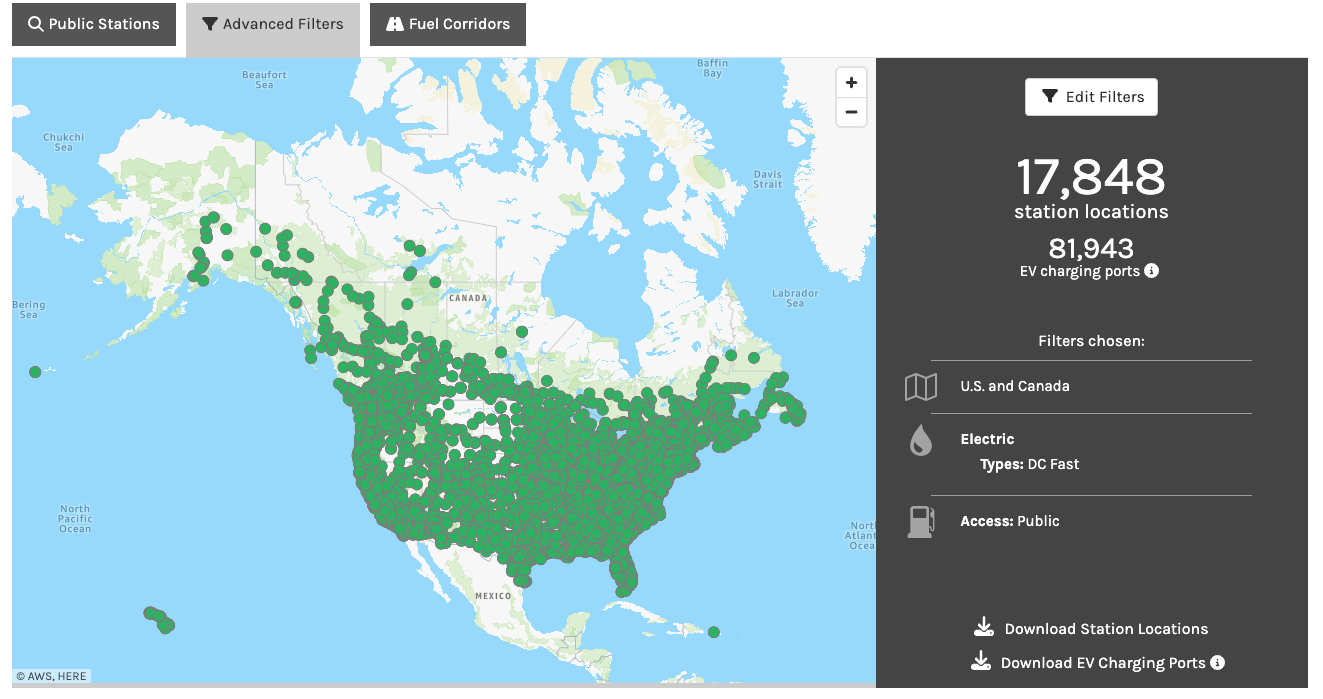 Map showing all the charging stations across USA and Canada