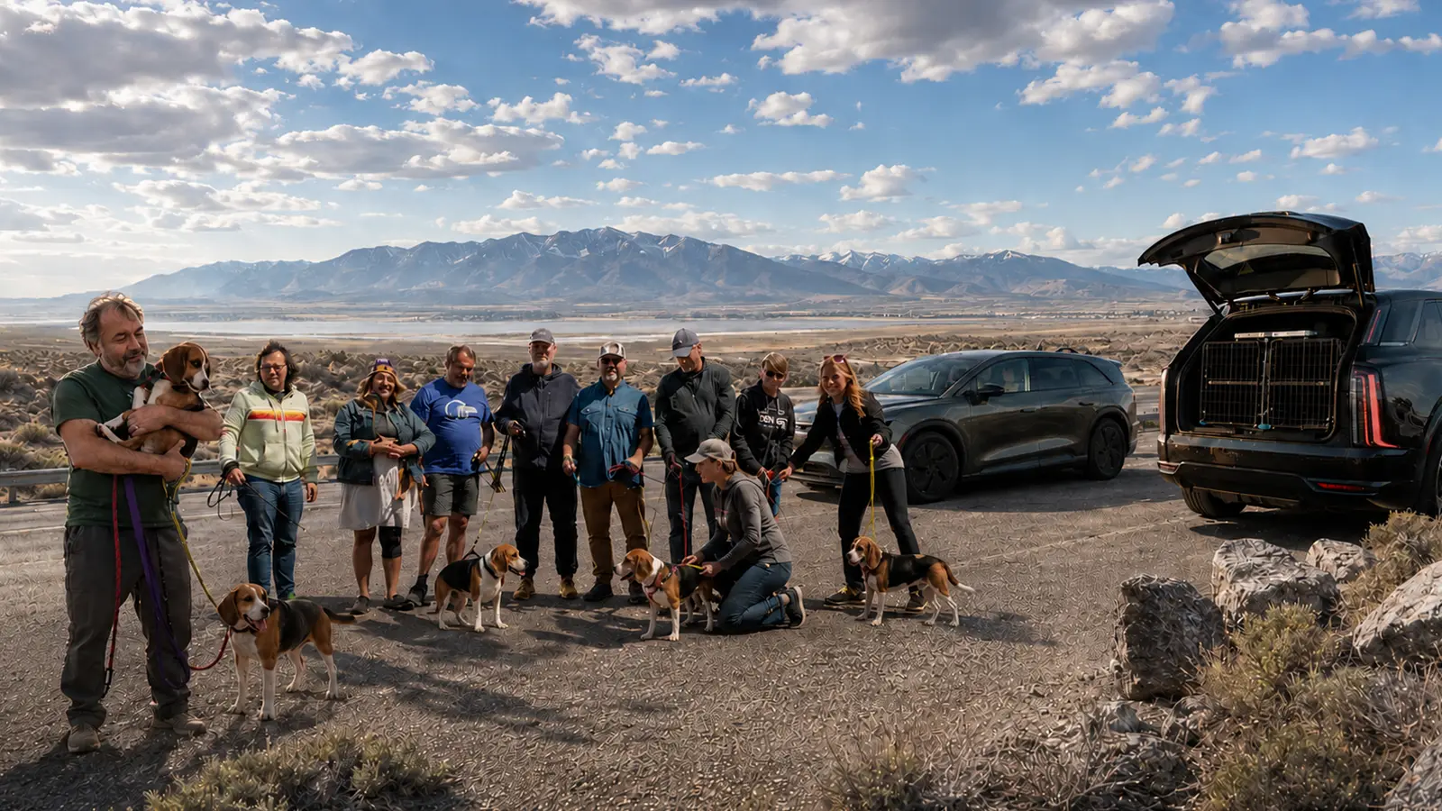 The team of Operation Frodo Electrified standing next to the EV fleet and the rescue Beagles