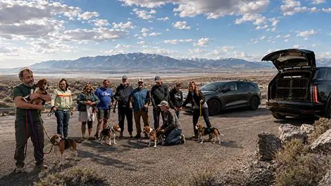 The team of Operation Frodo Electrified standing next to the EV fleet and the rescue Beagles