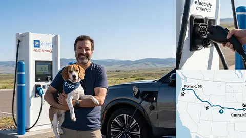 A man standing with his Beagle at the EV charging station