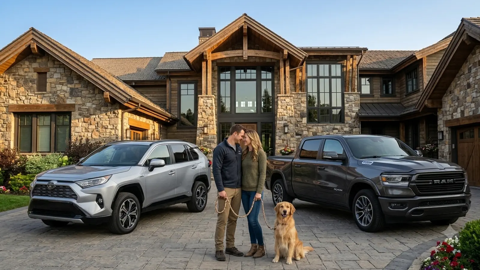Couple standing in the driveway with the dog and PHEV and EV cars