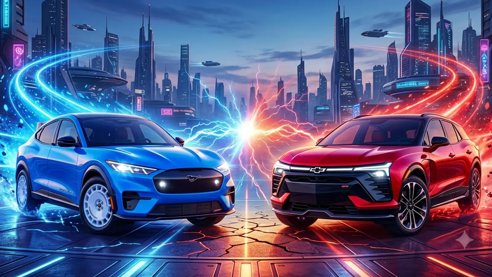 A Red 2026 Chevrolet Blazer EV and Blue 2026 Ford Mustang Mach-E standing next to each other