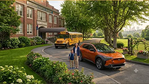 Mother and sun standing next to a red 2026 Subaru Traileeker at the school pickup line