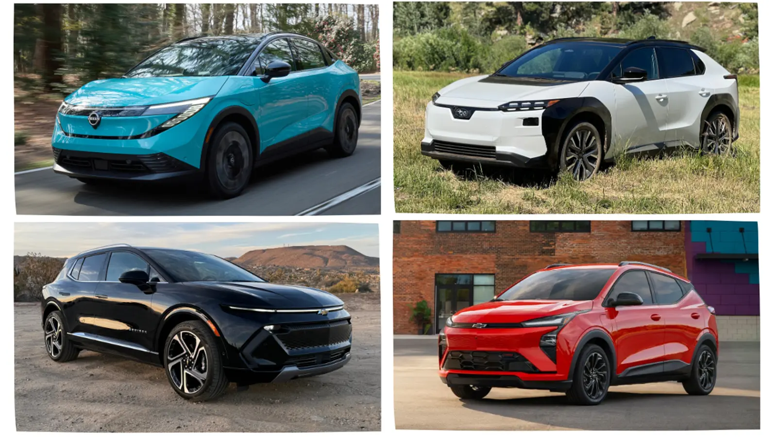 Una selección del Chevrolet Equinox EV, Chevrolet Bolt, Nissan Leaf y un Hyundai Ioniq 5