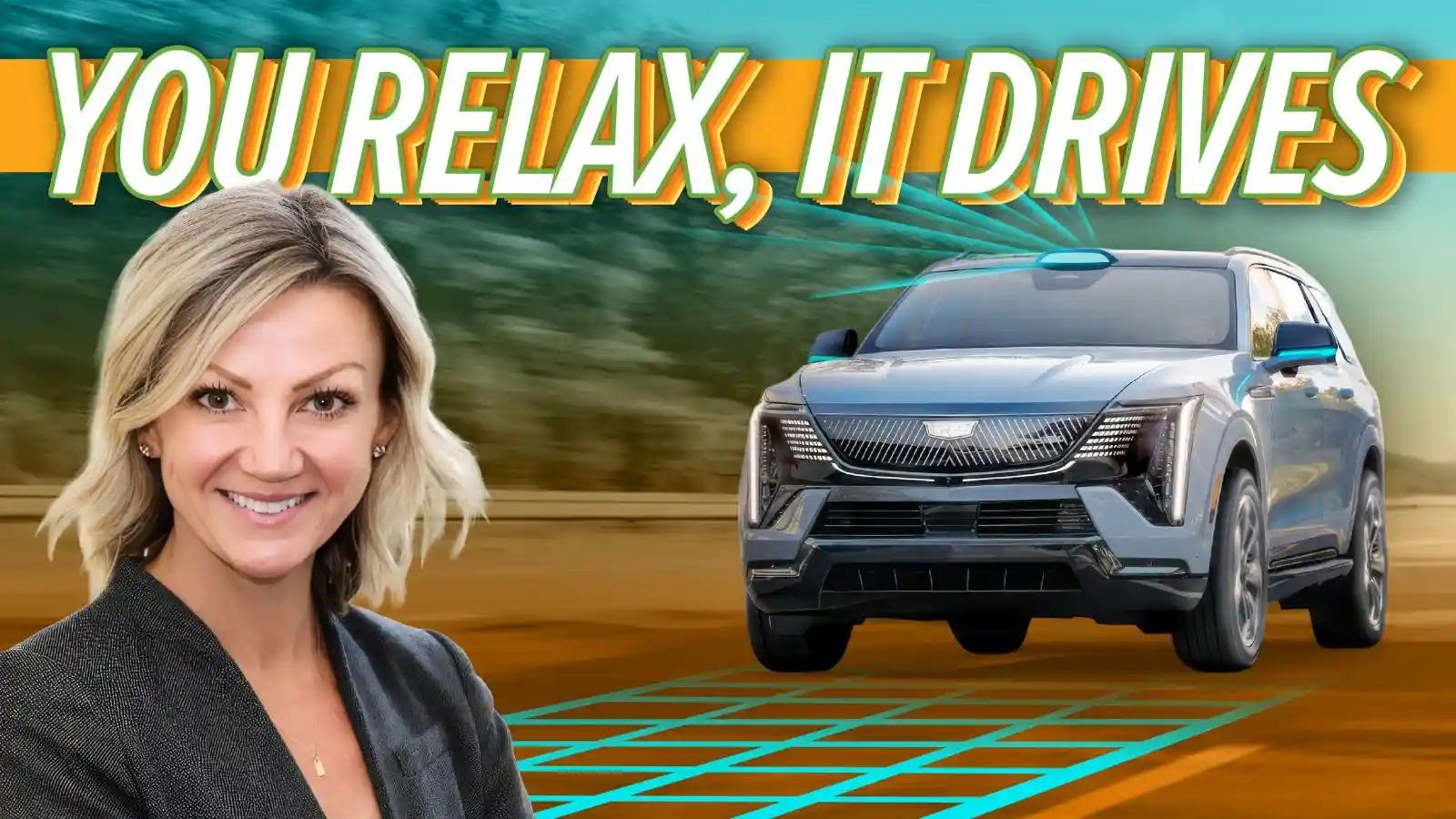 Una simulación de un Cadillac Escalade IQ 2028 circulando por una carretera