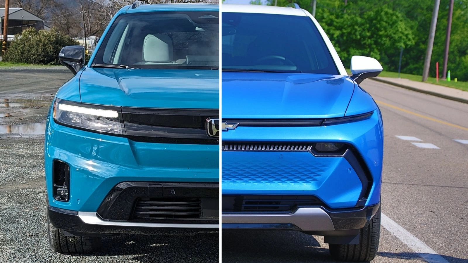 Front angles of a blue Honda Prologue EV on the left compared to a blue Chevrolet Equinox EV on the right