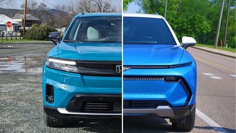 Front angles of a blue Honda Prologue EV on the left compared to a blue Chevrolet Equinox EV on the right 
