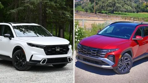 Front angled picture of a white Honda CR-V Hybrid compared to a front angled photo of a red Hyundai Tucson Hybrid