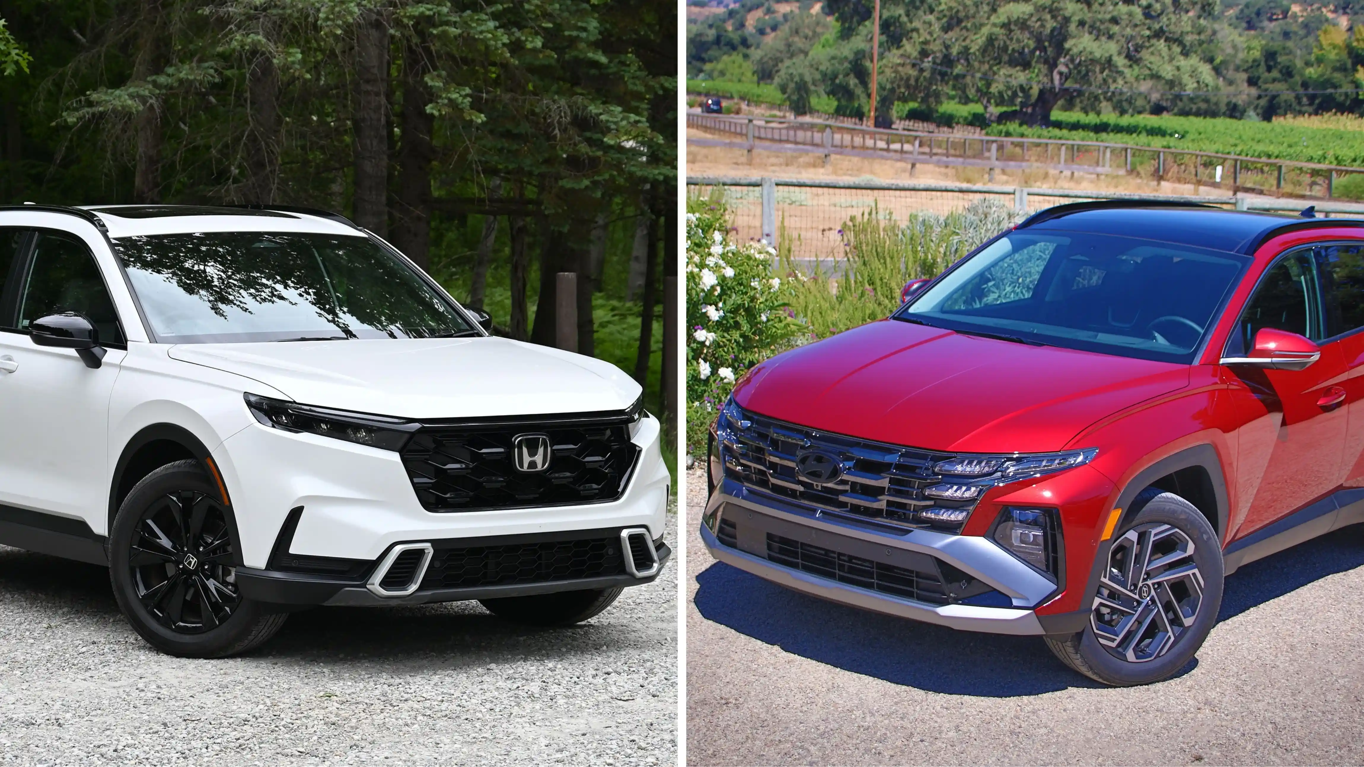 Front angled picture of a white Honda CR-V Hybrid compared to a front angled photo of a red Hyundai Tucson Hybrid
