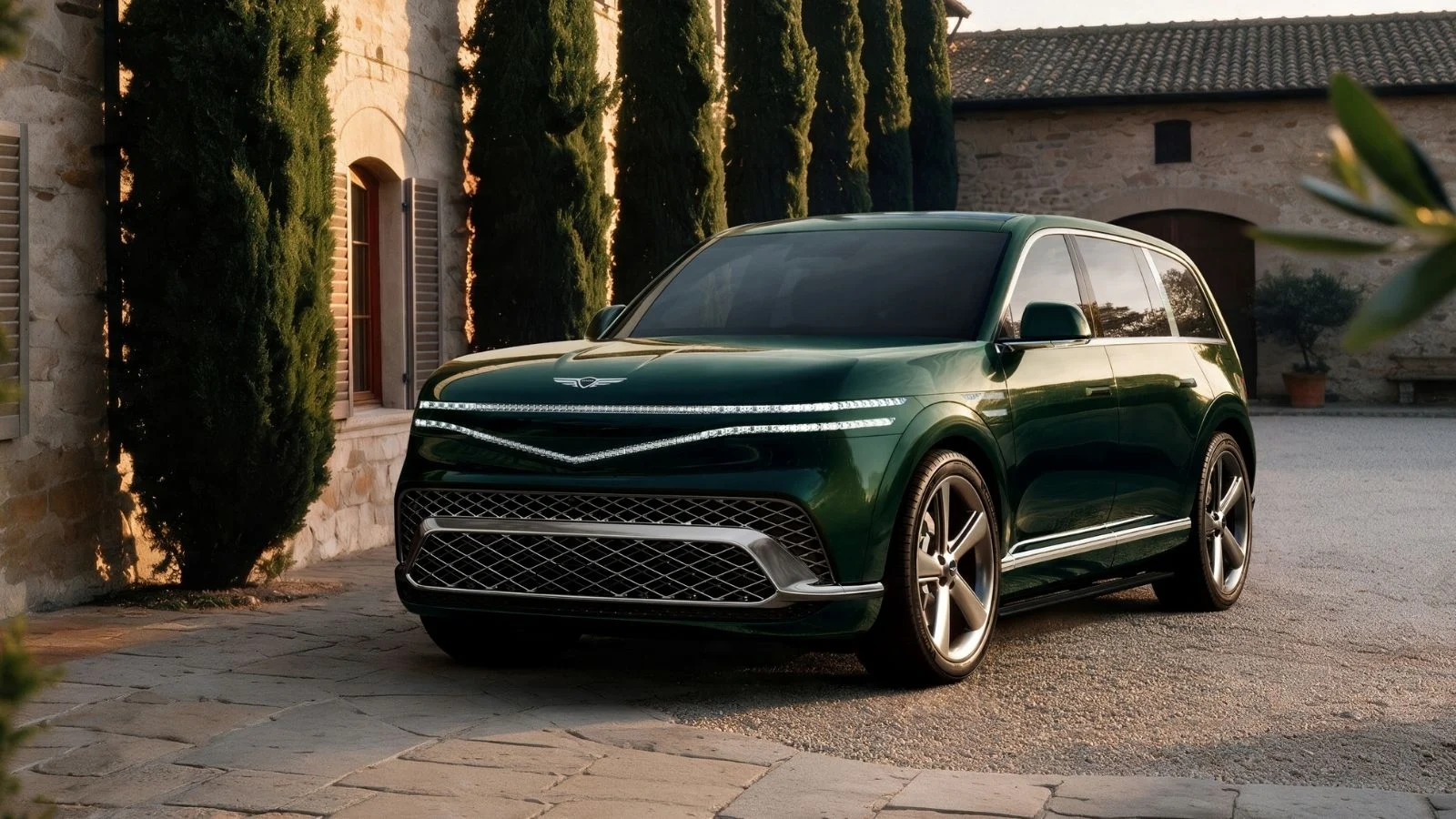 A green Genesis GV90 electric SUV sitting on a broken stone driveway