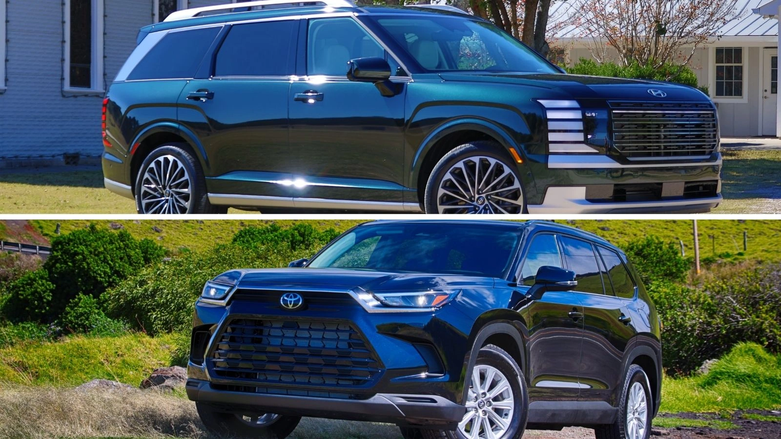 Grey Hyundai Palisade Hybrid side profile on the left with a red Toyota Grand Highlander Hybrid side profile on the right.