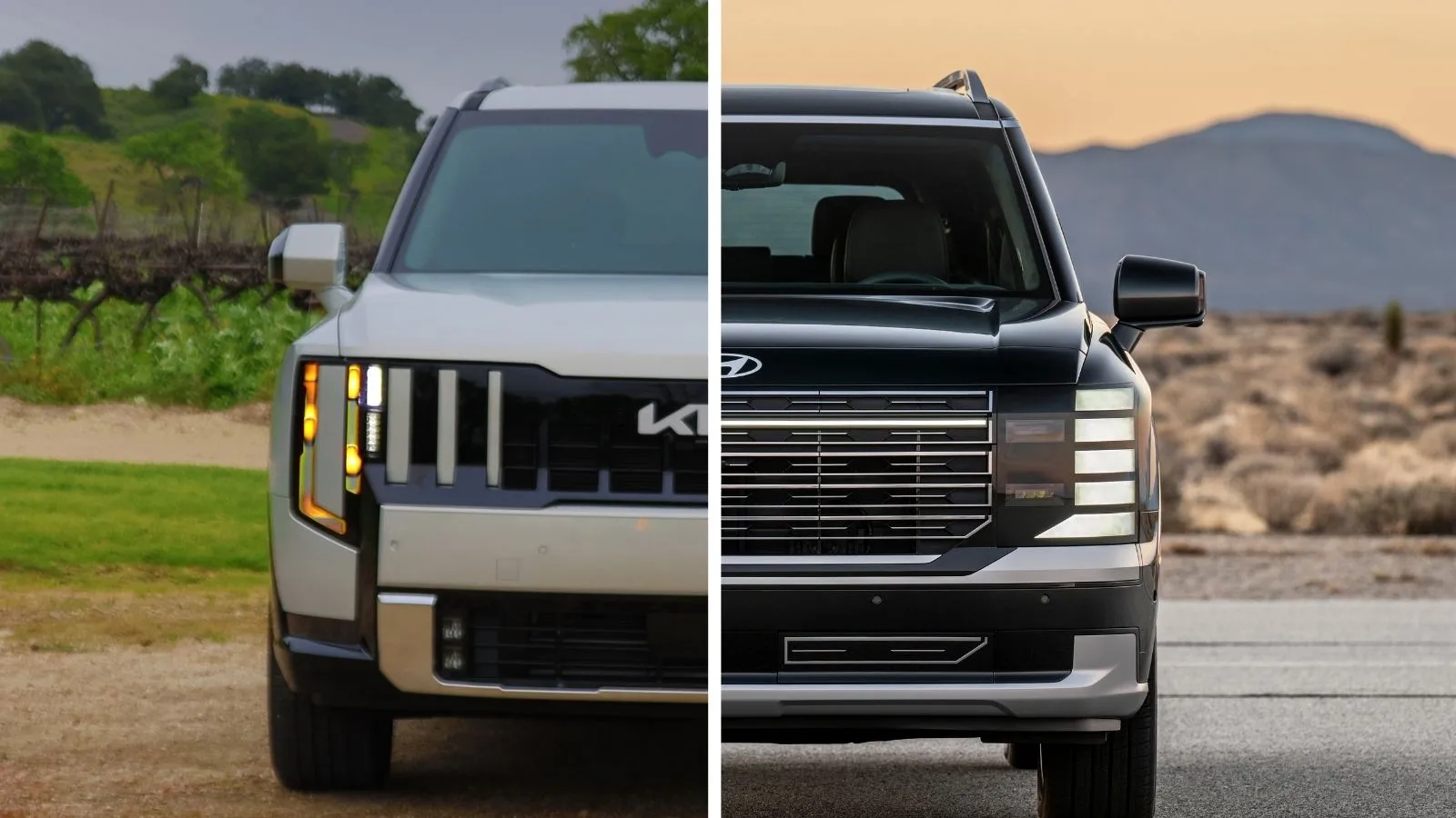 Silver Kia Telluride Hybrid side by side with a Black Hyundai Palisade Hybrid