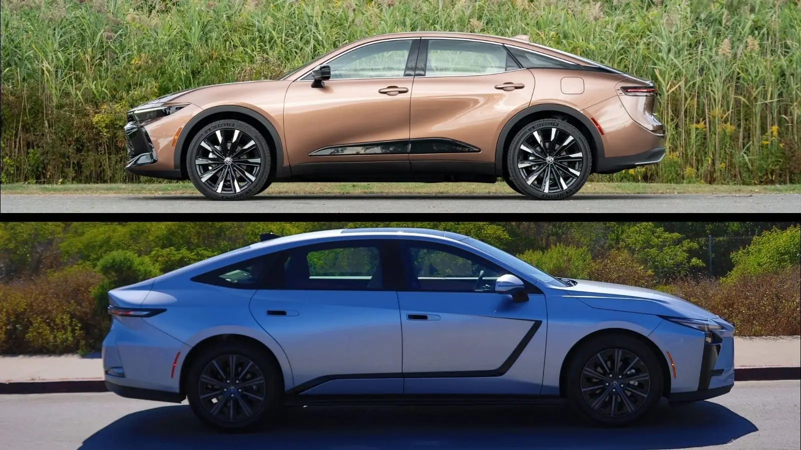 Perfil lateral de un Toyota Crown Hybrid color bronce y un Lexus ES Hybrid color plata