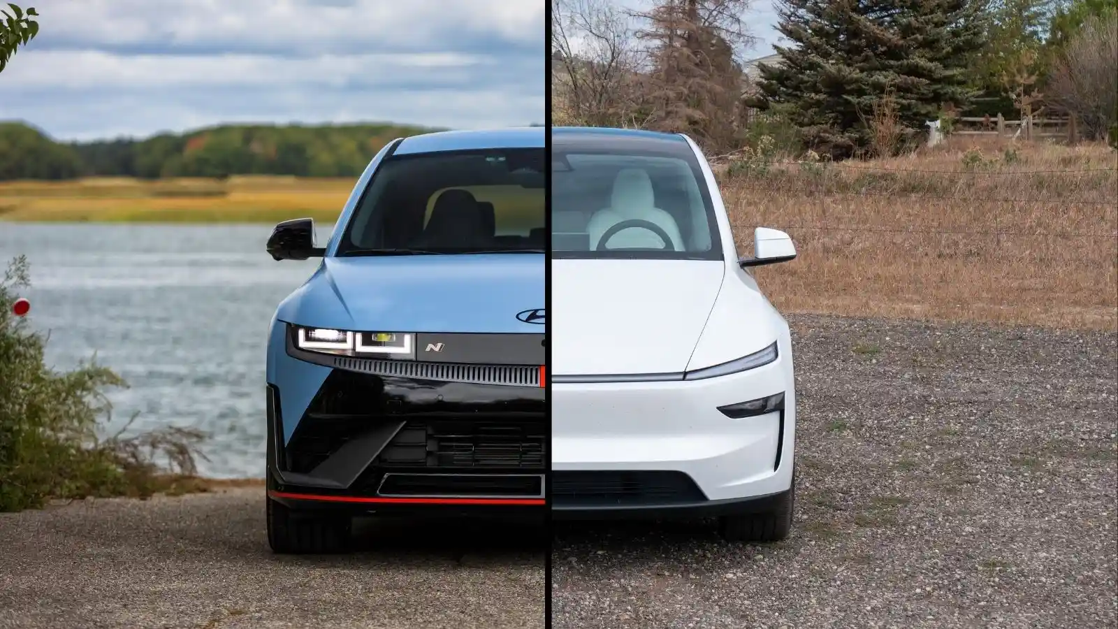 Imagen comparativa de un Hyundai Ioniq 5 N azul junto a un Tesla Model Y blanco