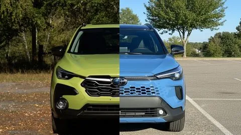 Split image of a front profile of a green Subaru Crosstrek Hybrid with a blue Toyota Corolla Cross Hybrid