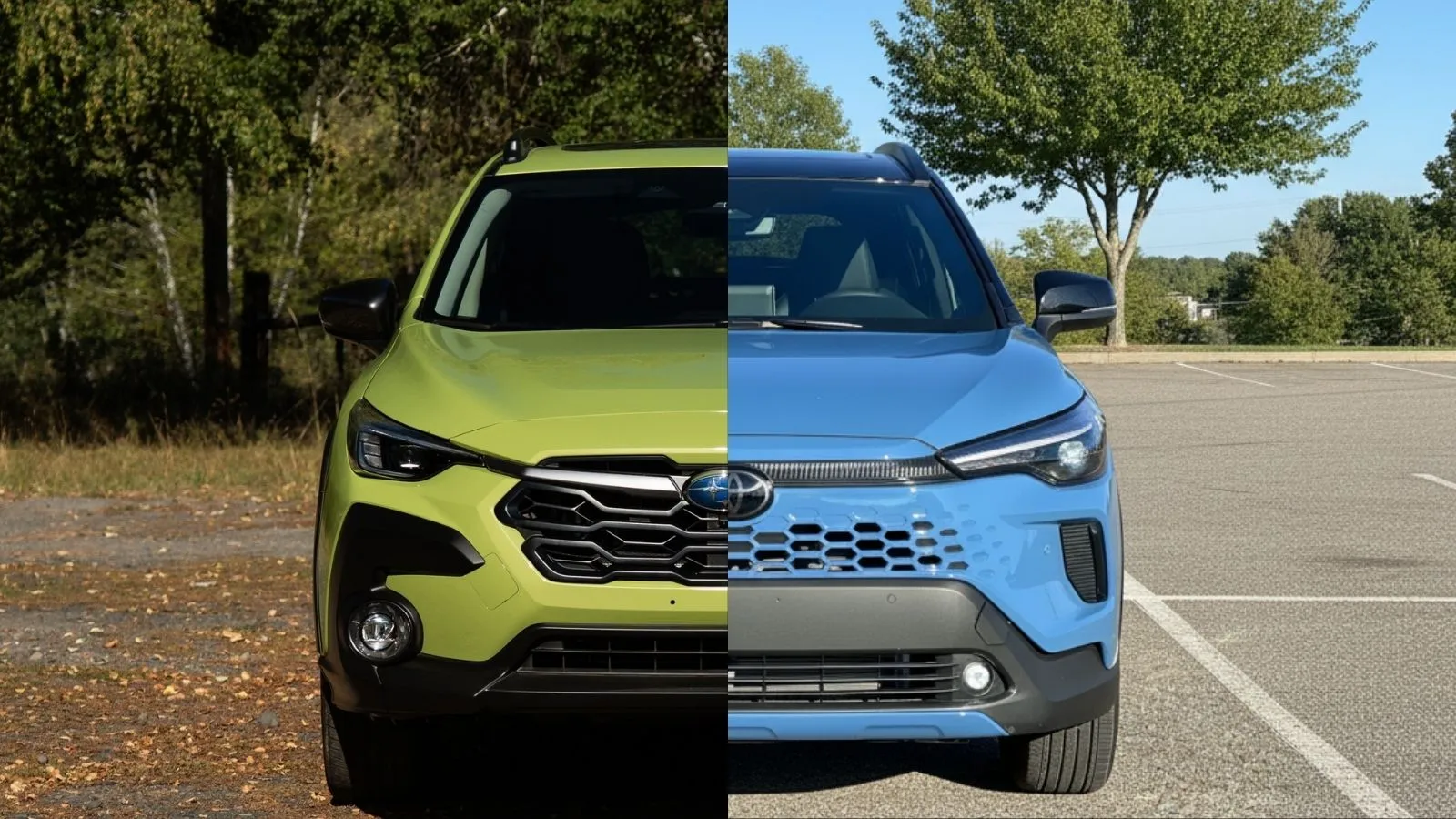 Split image of a front profile of a green Subaru Crosstrek Hybrid with a blue Toyota Corolla Cross Hybrid