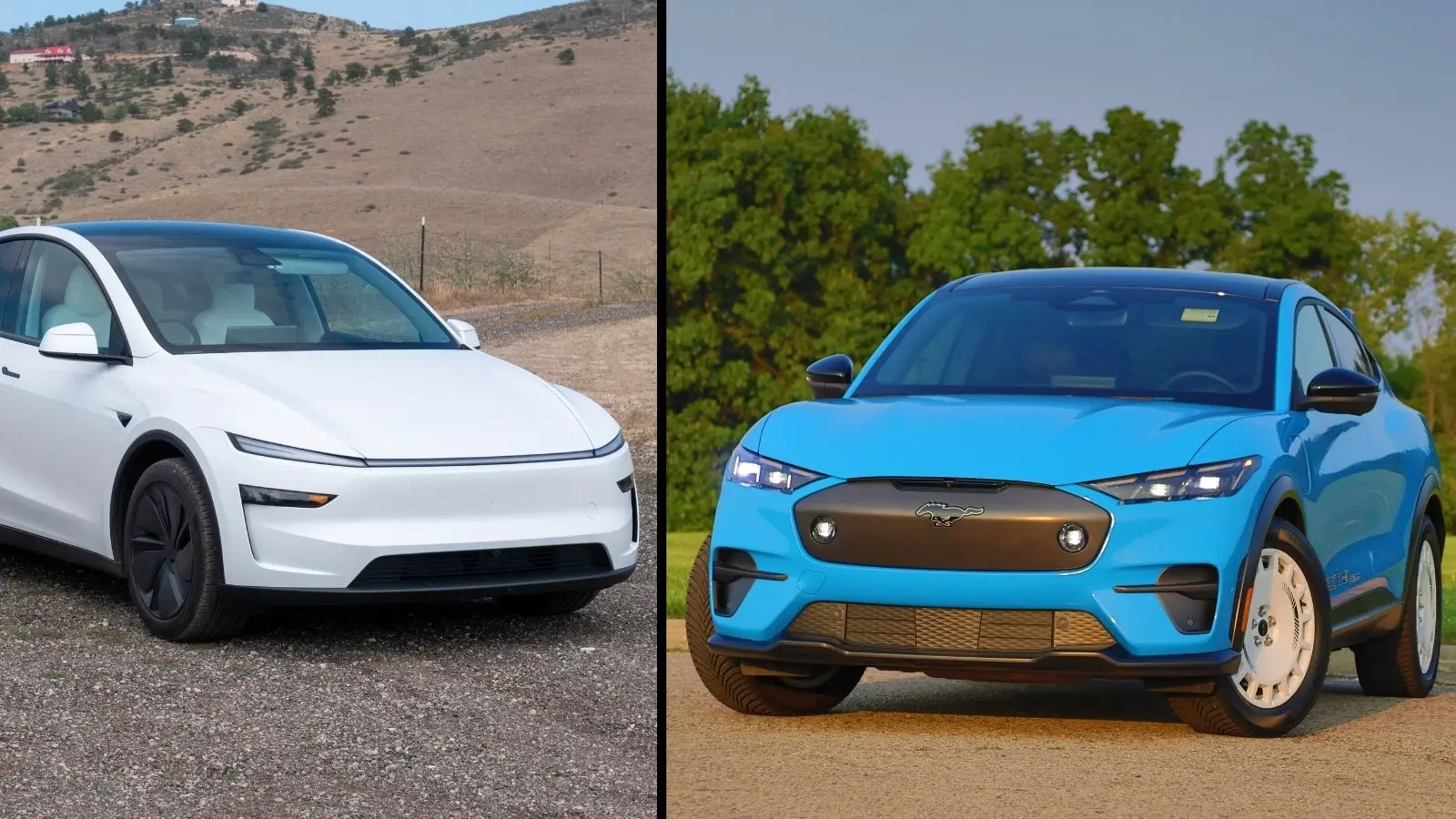 Split image of a white Tesla Model Y next to a blue Ford Mustang Mach-E
