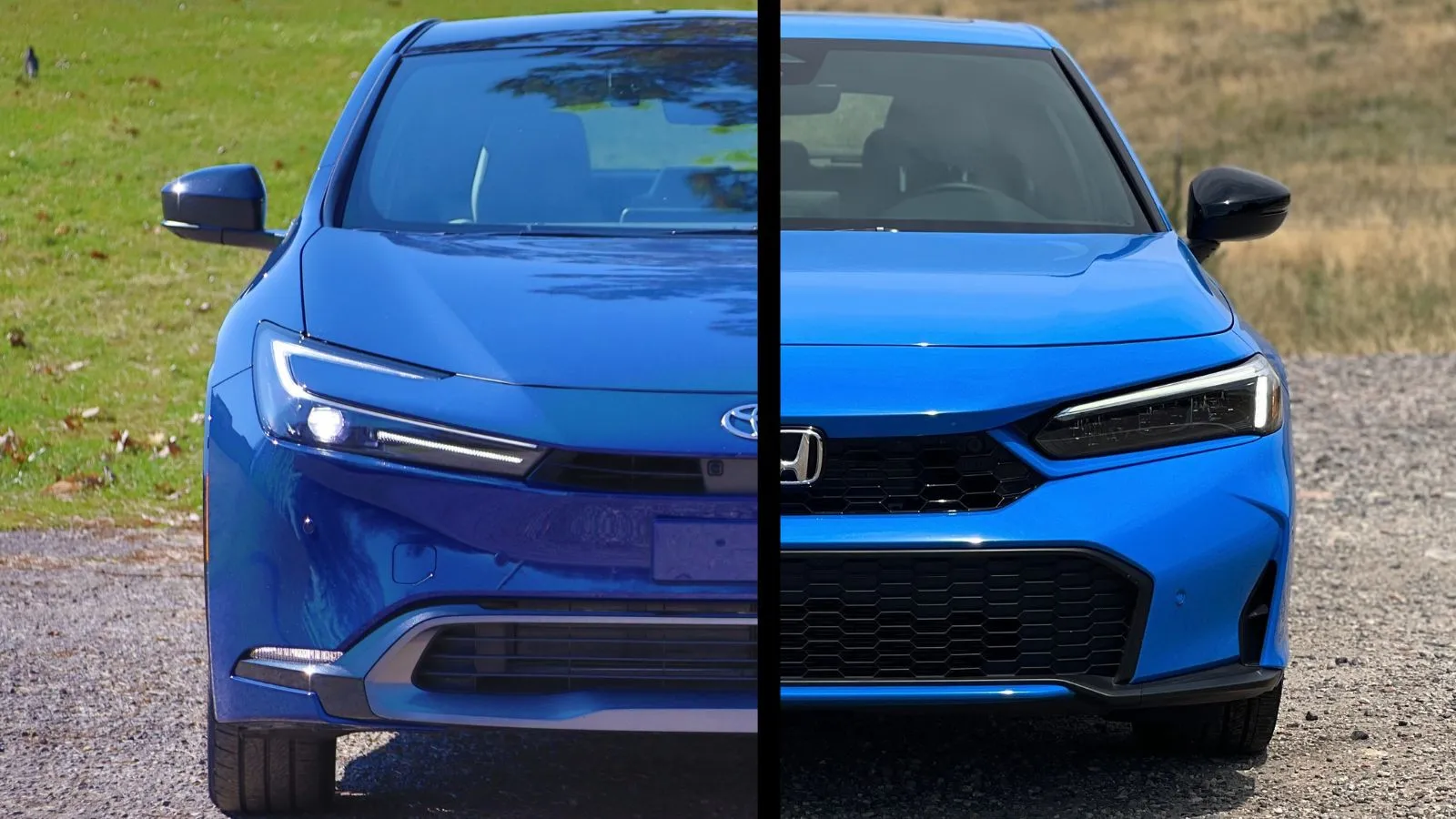 Side by side split image of the front of a blue Toyota Prius with a blue Honda Civic Hatchback hybrid